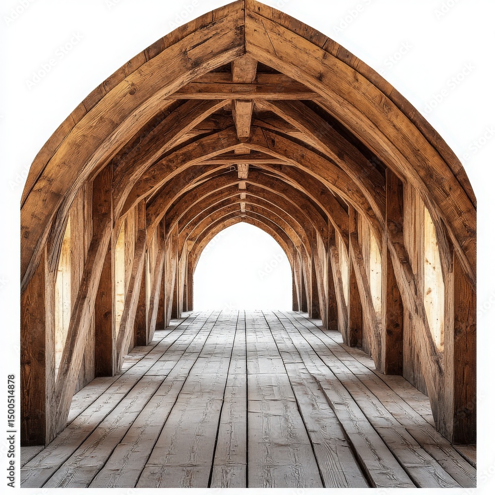 Obraz premium Rustic wooden arched tunnel passage showcasing architectural detail and perspective