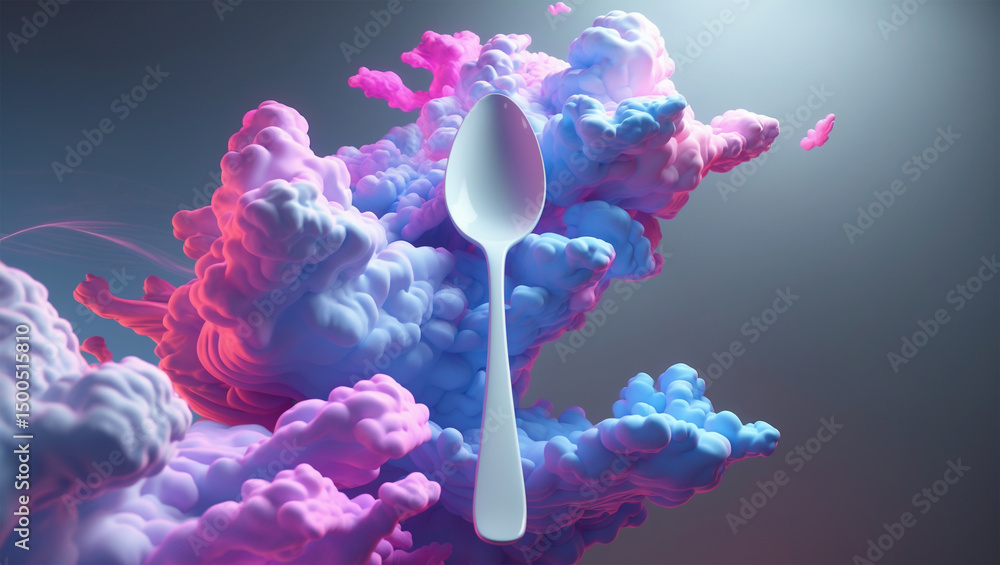 Fototapeta premium Floating Spoon Mockup with Colorful Smoke and Abstract Background