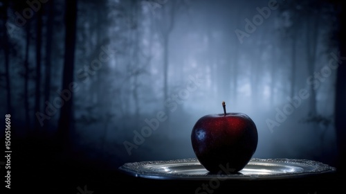 Enchanted Forest: A Dark Red Apple on a Silver Plate