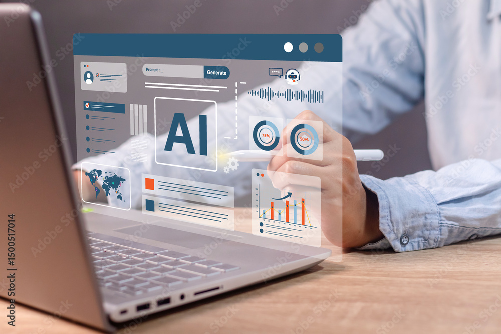 A woman using AI technology for image generator, video generator or text generator on laptop A woman using AI technology for image generator, video generator or text generator on laptop