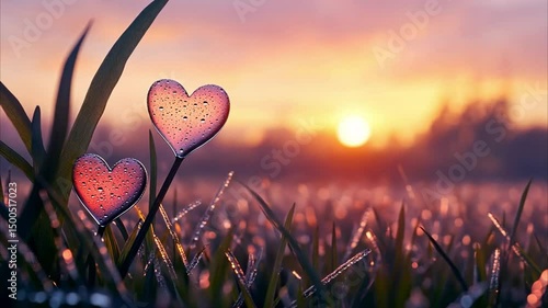 Sunrise Heartscape: Two glass hearts adorned with morning dew stand amidst a field of grass, bathed in the warm glow of a rising sun. A picturesque scene evoking feelings of love and serenity.