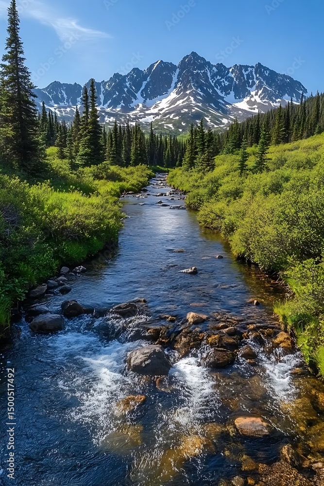 Obraz premium Mountain stream flowing through lush valley