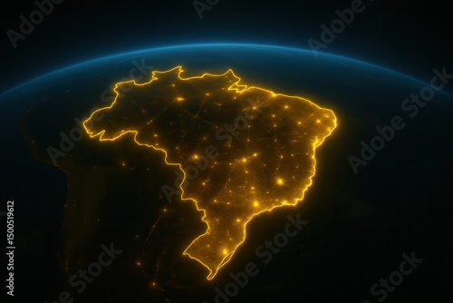 Illuminated brazil map displaying city connectivity digital visualization global perspective high-tech environment
