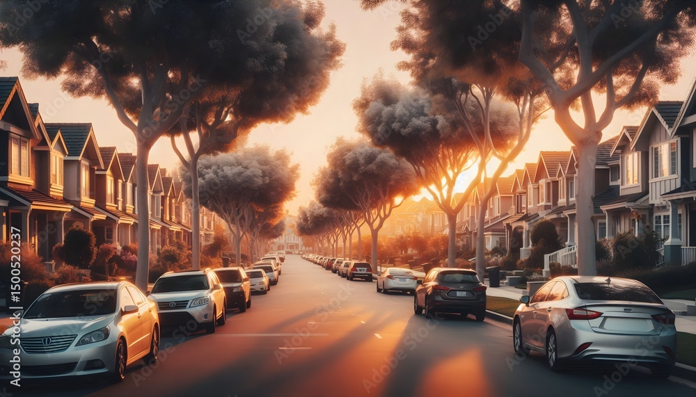 Fototapeta premium Suburban scene during sunset with parked cars, leafy trees, and soft warm glow across residential street