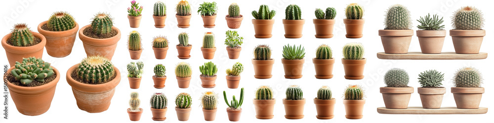 Fototapeta premium Diverse Collection of Cactus Plants in Clay Pots on Sandy Soil Background