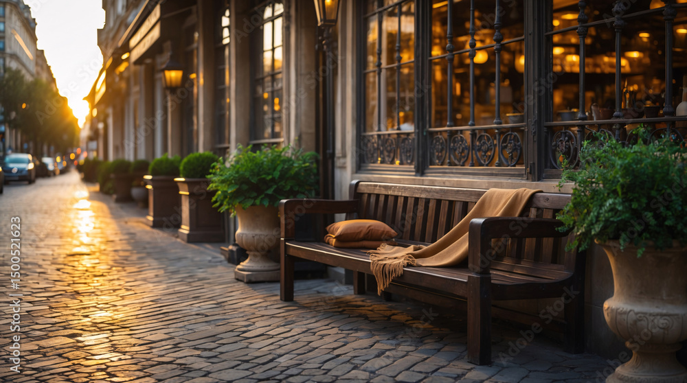 Obraz premium window and rustic bench in charming European old city street peaceful moment traditional architecture classic exterior city wallpaper background