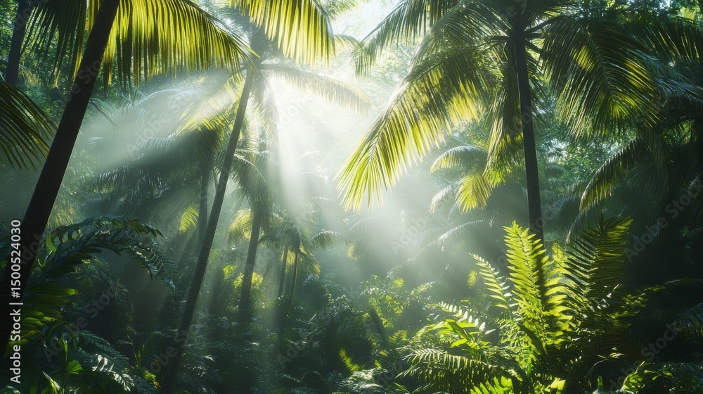 Naklejka premium Sunbeams through lush tropical rainforest