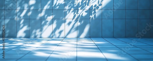 Blue tile room, leaf shadows, sunlit floor, background, product display