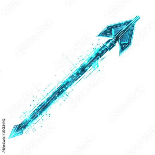Futuristic Arrow with Digital Overlays in Neon Cyan Isolated on Transparent Background