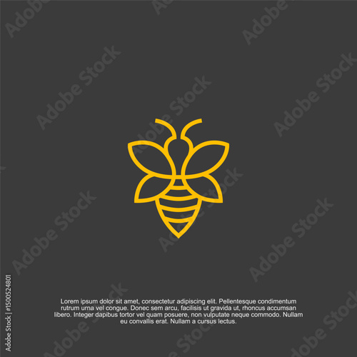 Abstract bee icon, conveying the essence of apiculture and pollination in a modern logo design with simplicity of form and vibrant gold line art against a dim background