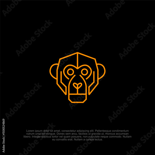 Geometric primate emblem against void backdrop symbolizes modern animal branding and innovative minimalist design with an orange outlined monkey head on a dark surface