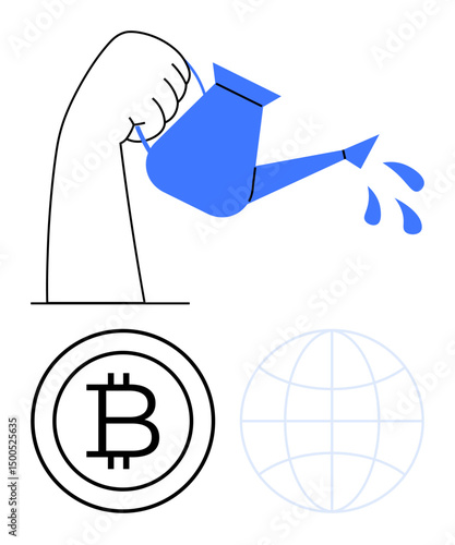 Arm holding a watering can releasing drops, Bitcoin symbol beneath, and global sphere outline beside. Ideal for growth, technology, finance, innovation, sustainability, investment global