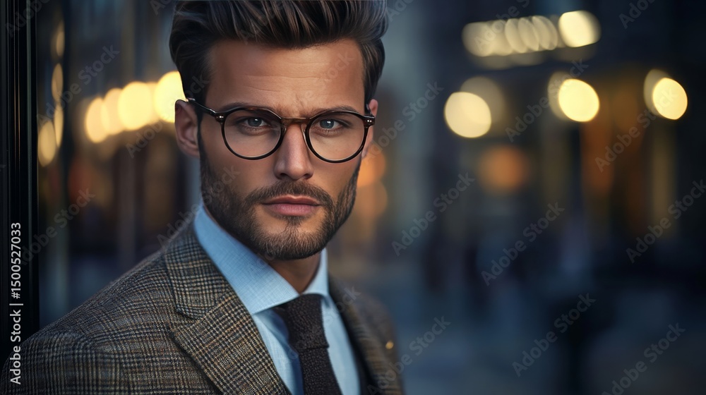 Stylish man in glasses and tweed jacket at night Stylish man in glasses and tweed jacket at night