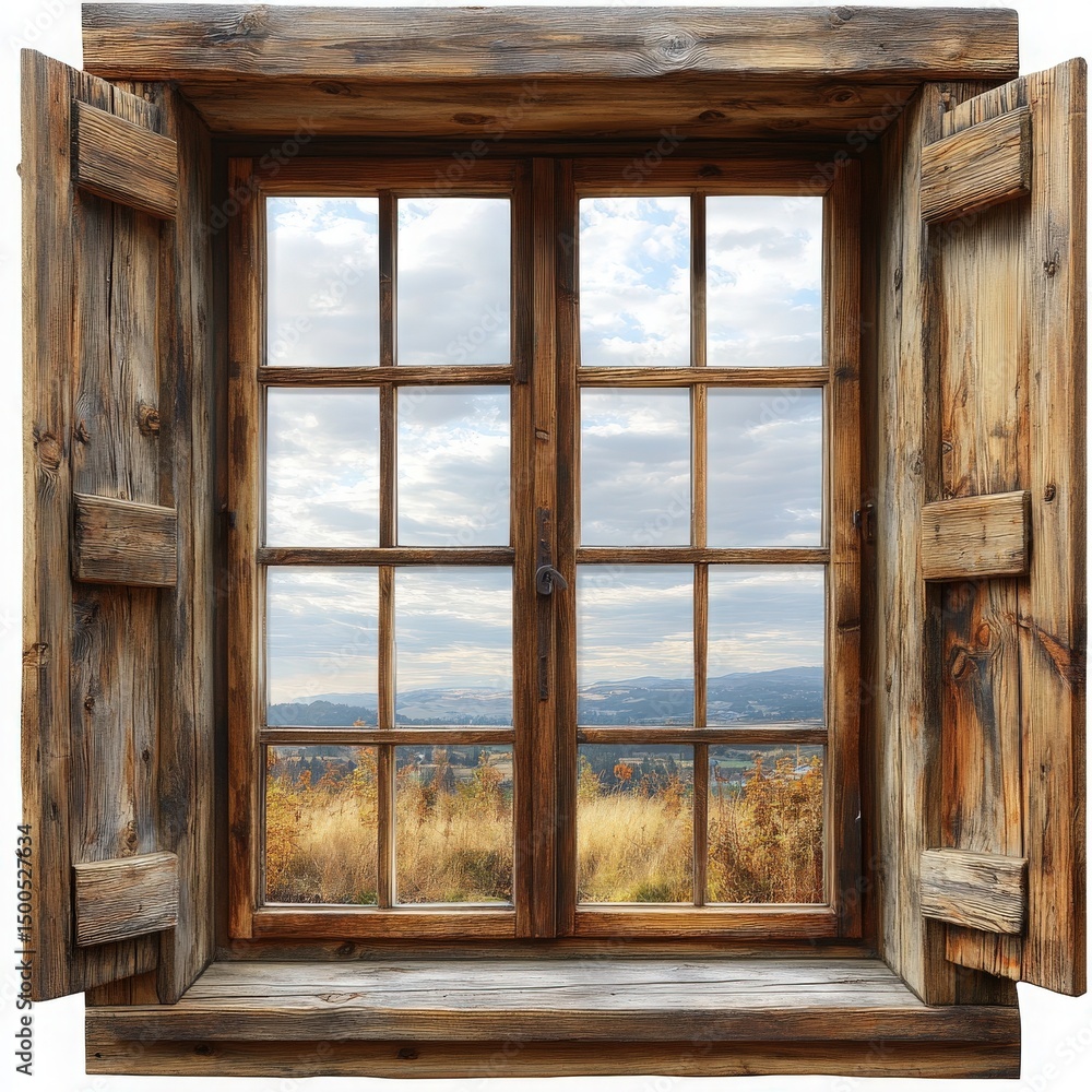 Fototapeta premium Rustic wooden window frame showcasing serene autumn landscape vista