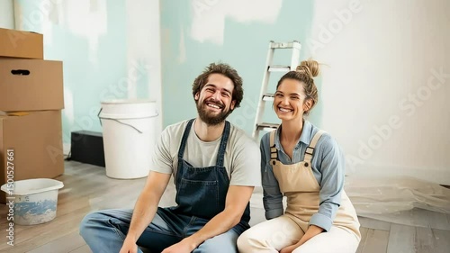 happy Couple Sitting Among Moving Boxes