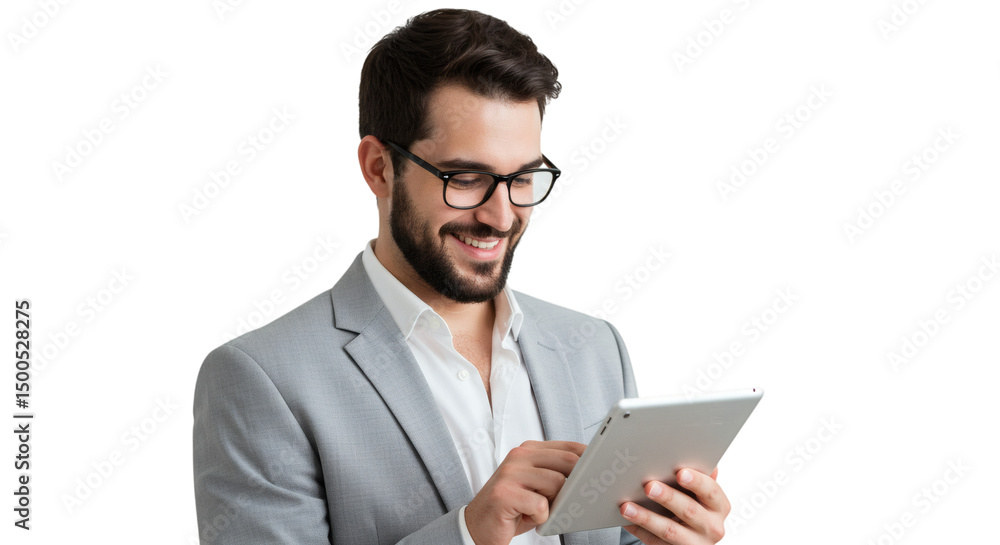 Smiling man in a suit and glasses using a tablet device with a cheerful expression on his face isolated on transparent background Smiling man in a suit and glasses using a tablet device with a cheerful expression on his face isolated on transparent background