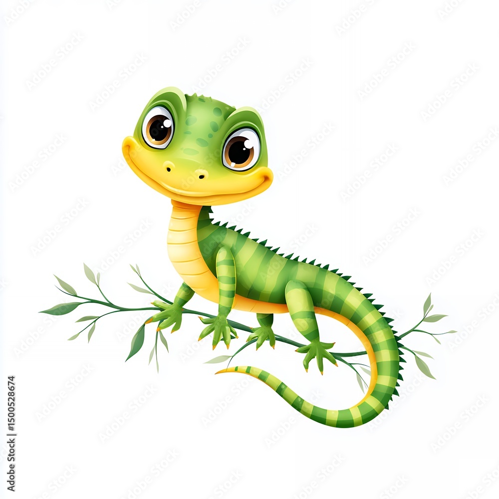 Obraz premium Cute Green Cartoon Lizard on Branch