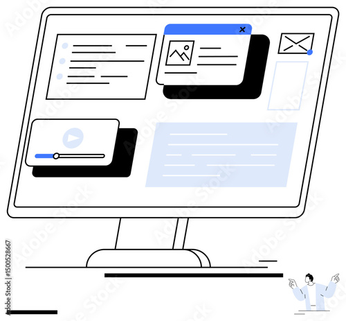 Desktop screen featuring interactive interface panels with messaging, multimedia player, text content, and image preview. Ideal for technology, web design, UX, marketing, communication media simple