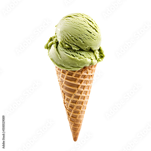 Delicious matcha ice cream scoop in waffle cone
