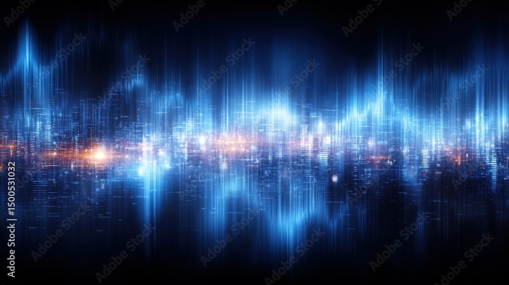 City skyline illuminated with bright blue light representing quantum-enhanced fibonacci-to-volume balance plotter icon concept City skyline illuminated with bright blue light representing quantum-enhanced fibonacci-to-volume balance plotter icon concept