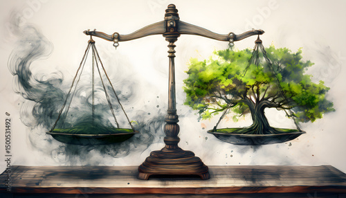 A classic balance scale depicts a vibrant green tree on one side and dark, swirling smoke on the other, symbolizing environmental equilibrium