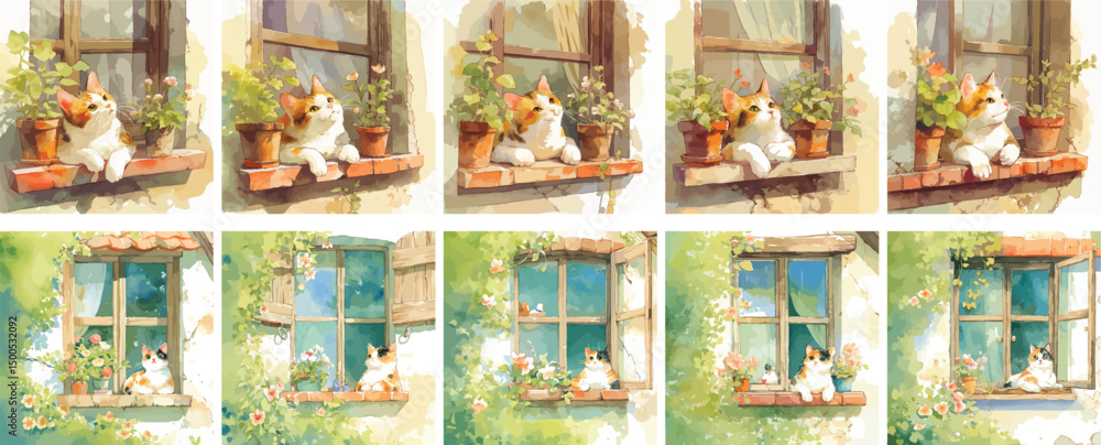 peaceful cat by the window watercolor clipart peaceful cat by the window watercolor clipart