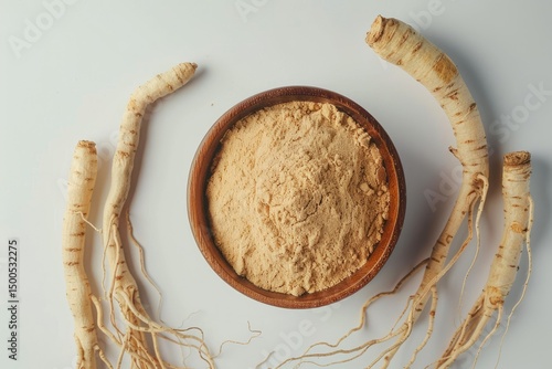 Vibrant Color Picture of Indian Ginseng Powder in a Bowl Against a White Backdrop Top View
