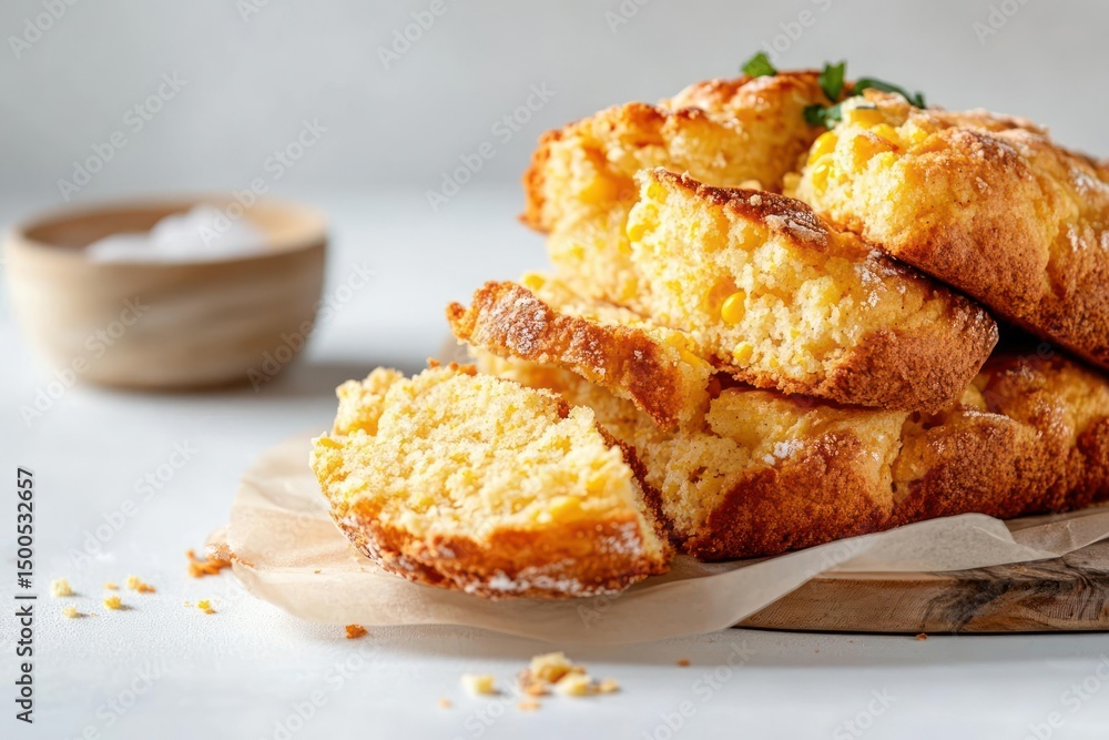 Freshly Baked Cornbread Slices with Visible Corn Kernels on Wooden Board with Salt and Parchment Paper Freshly Baked Cornbread Slices with Visible Corn Kernels on Wooden Board with Salt and Parchment Paper