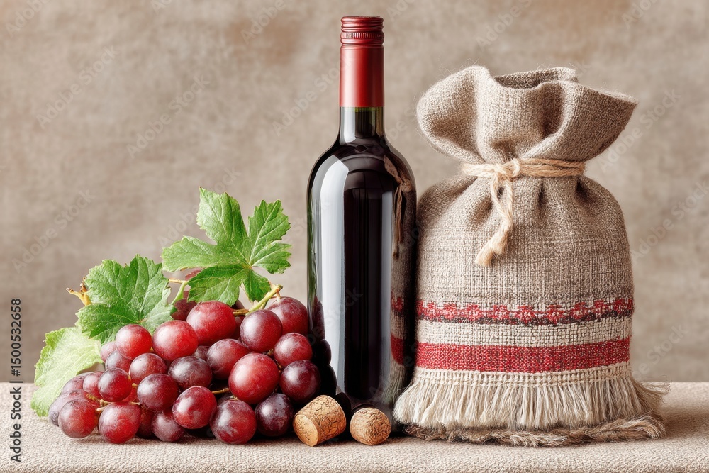 Naklejka premium Rustic Still Life Red Wine Bottle with Grapes and Burlap Sack