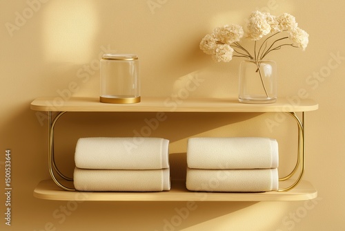 Wallpaper Mural Cozy Bathroom Shelves with Folded Towels, Flowers, and Sunlight Shadow - Home Decor Torontodigital.ca