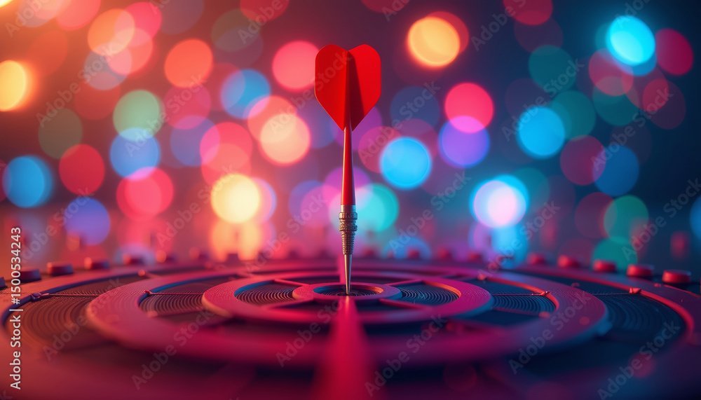 Red dart with heart shaped tip hits center of target, surrounded by colorful bokeh lights, symbolizing precision and love Red dart with heart shaped tip hits center of target, surrounded by colorful bokeh lights, symbolizing precision and love