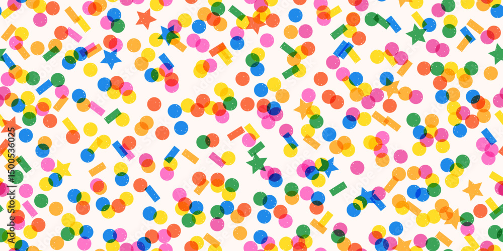Transparent colorful bubbles confetti with overlapping. Bright seamless pattern. Holiday birthday pattern with texture.