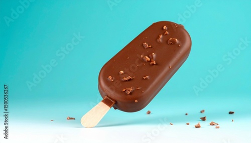 chocolate ice cream stick with chocolate topping at cyan and white