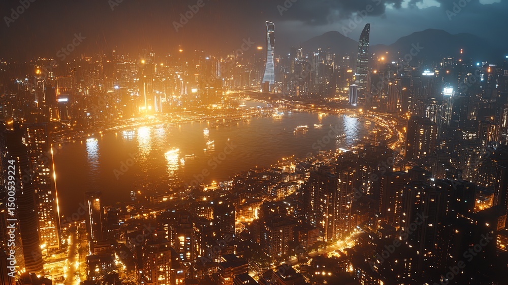 Obraz premium Night Cityscape Golden Hour Urban Skyline Lights Buildings sea art view dark water river coast image