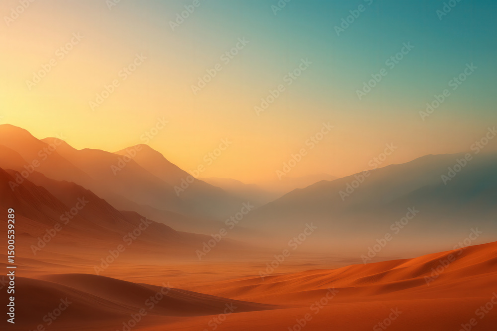 Sand dunes and mountain silhouettes in morning fog. Desert landscape with orange sand and blue sky. Natural background. Image with copy space for poster, banner, postcard, wallpaper Sand dunes and mountain silhouettes in morning fog. Desert landscape with orange sand and blue sky. Natural background. Image with copy space for poster, banner, postcard, wallpaper