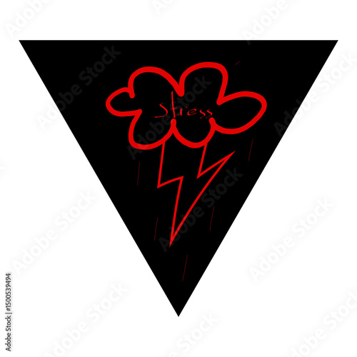 Stress cloud icon. Red storm symbol. Black triangle base. Stress text design.
