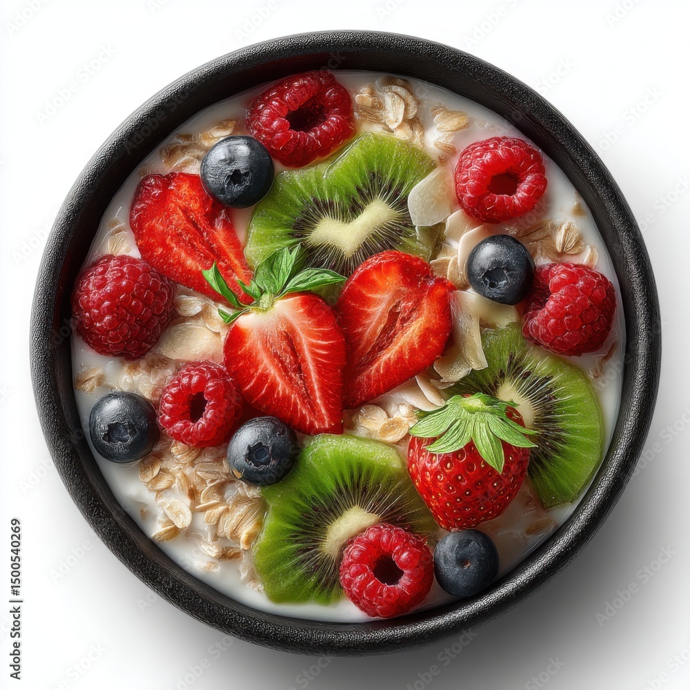 Obraz premium Fresh mixed berry fruit salad with slices of strawberries, raspberries, blueberries, kiwi, and coconut flakes on a black bowl for healthy breakfast or snack