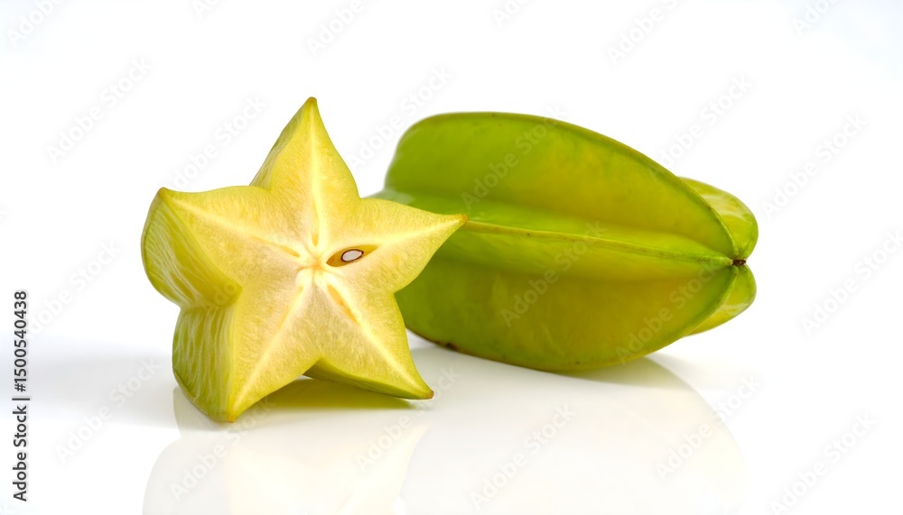 Fototapeta premium Half-cut star-shaped apple next to whole fruit on white, symmetry focus.