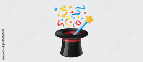 Magic Hat with Wand and Festive Confetti Celebration