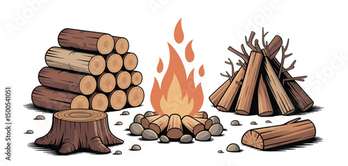 Cartoon Illustration of Woodpile, Campfire, and Tree Stump