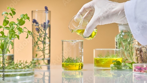 Картината върху платно Pouring vivid green botanical solution into a glass beaker with test tube setup and leafy herbs in the background