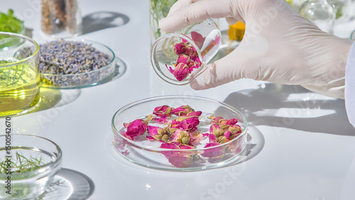 Pink rose petals being gently placed into petri dish during natural fragrance or cosmetic formulation experiment. Dried rose is a good herb with many uses.