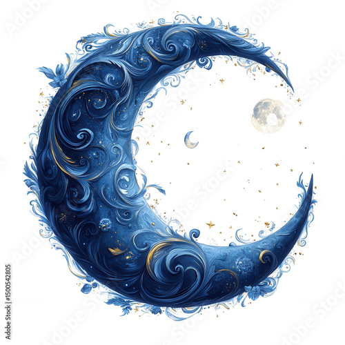 Beautiful crescent moon illustration with floral patterns and stars on black background design art on transparent background