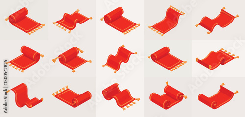 Twelve Red Rolled Carpets Isometric Illustrations