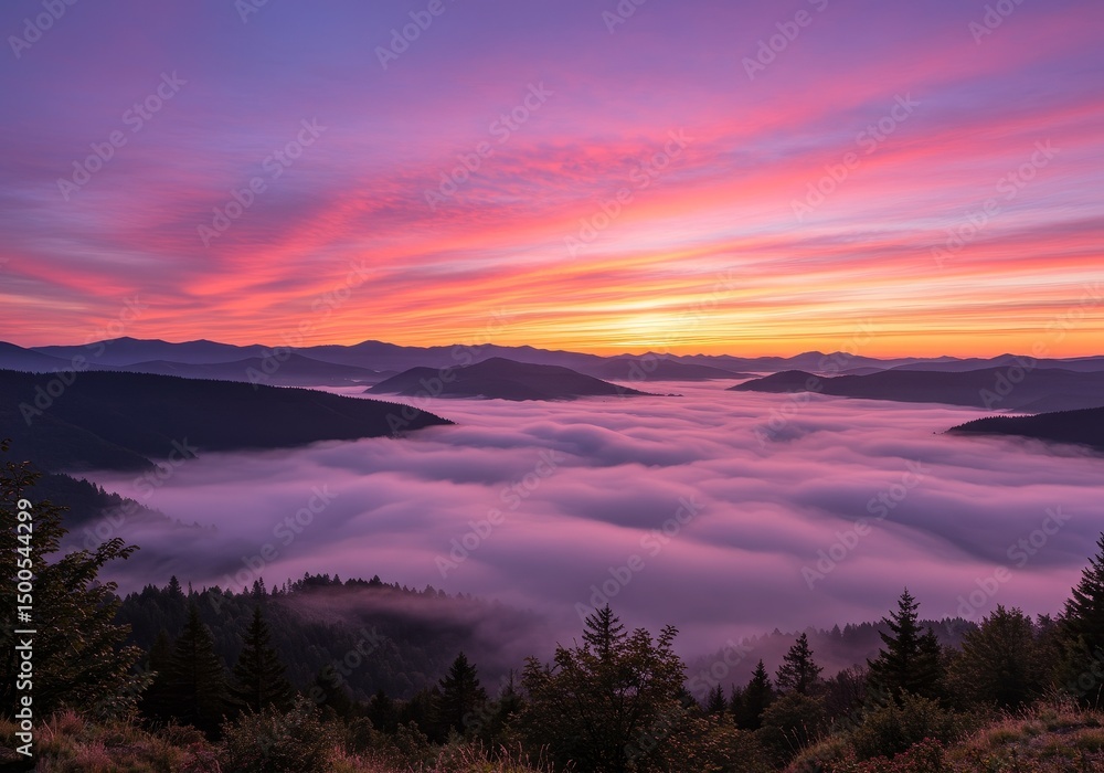 Obraz premium Photo of a Vivid Sunrise Over Mountainous Landscape with Purple Haze and Orange Hues