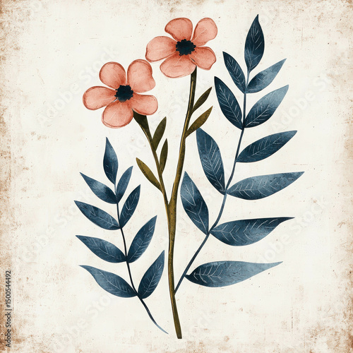 Beautiful Hand-Drawn Floral Artwork Featuring Pink Flowers and Delicate Green Leaves on a Textured Background for Nature and Botanical Themes