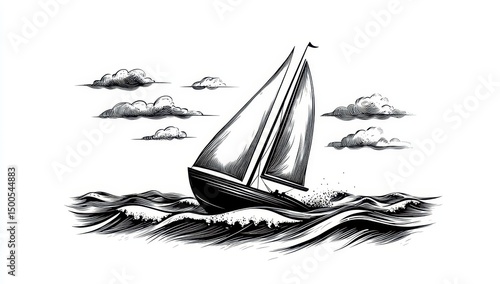 Monochrome sailboat navigating choppy seas under a partly cloudy sky; detailed, textured style