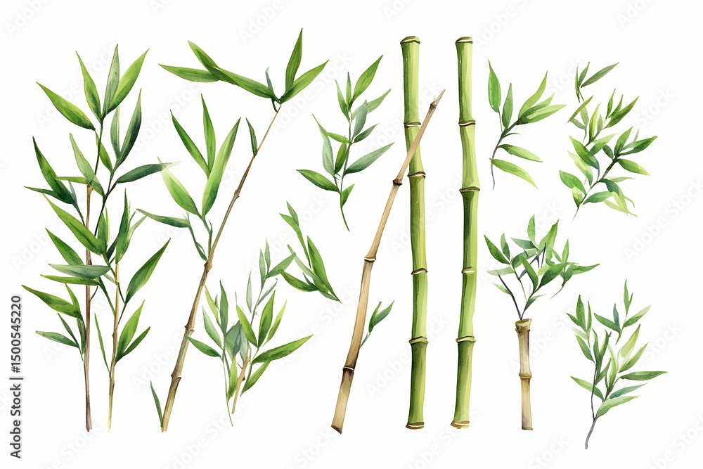 Naklejka premium Young bamboo stalks in green clusters. Minimal Asian-inspired design with natural elements.