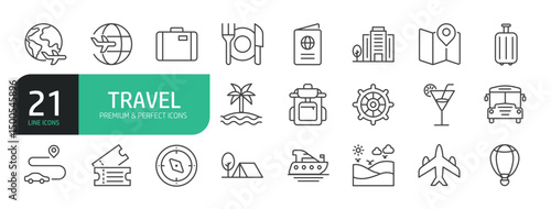 Set Of Travel Line Icons. The set includes a Passport, Plane, Hotel, Cruise Ship, Backpack, Restaurant, Transport, Camping, Map, Outdoors, Vacation, Tourist, and more.
