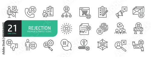 Set Of Rejection Line Icons. Contains such icons as Cross Shape, Rejection, Failure, Cancel, Privacy, Alertness, Delete Key, Forbidden, and more.